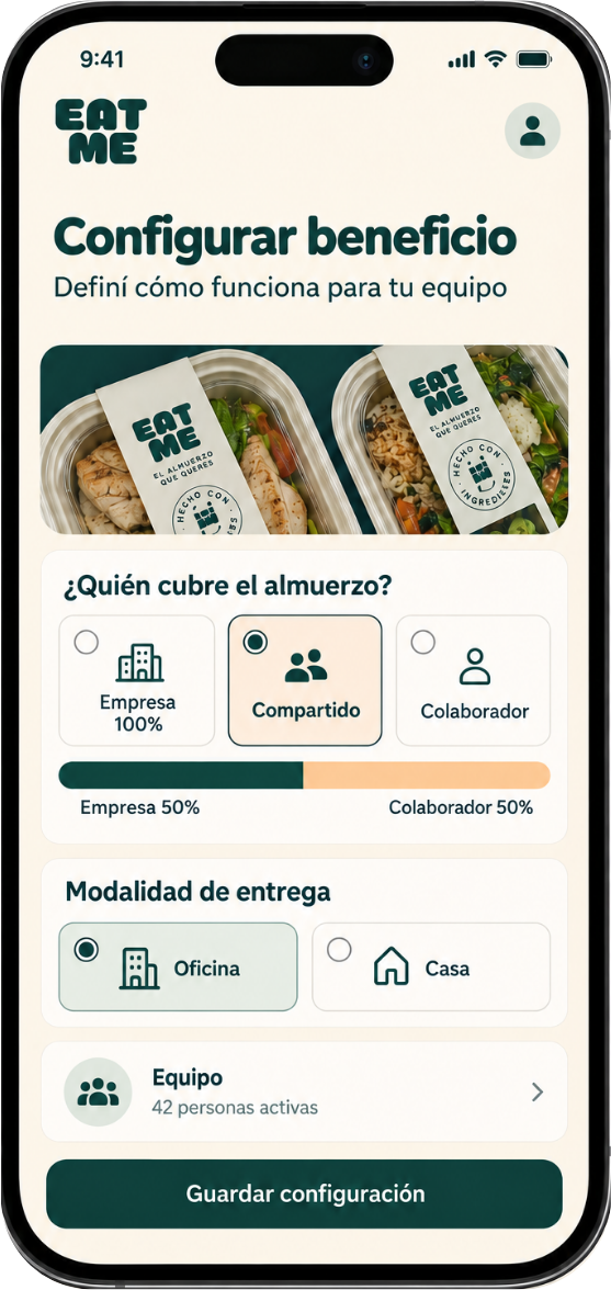 Pantalla de configuración del beneficio de Eat Me