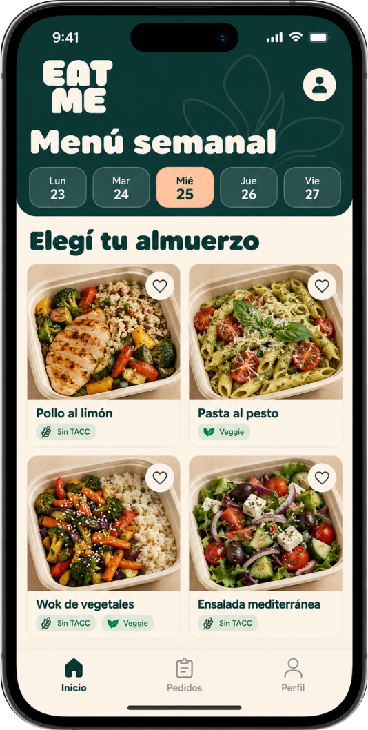 Pantalla del menú semanal de Eat Me